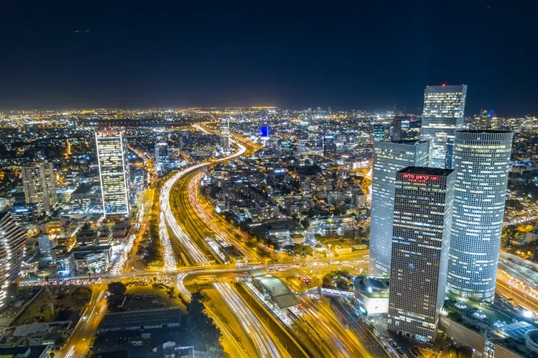 tel-aviv-aerial-night_ downtown tel aviv aerial at night