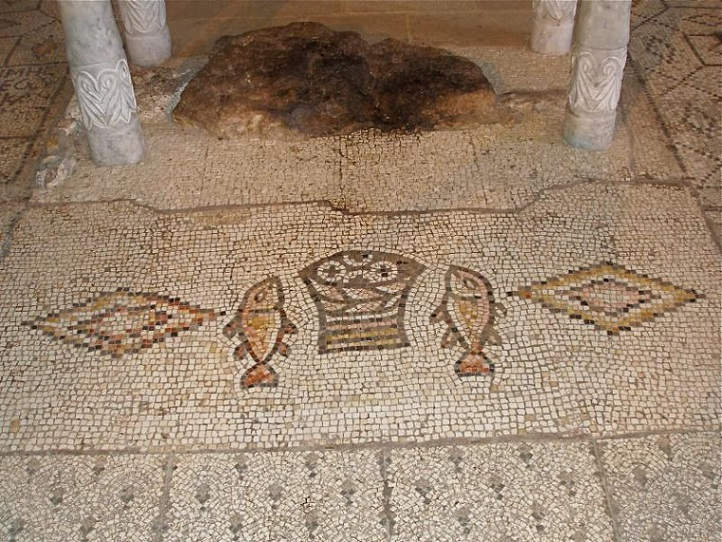Tabgha Israel mosaic inside the Church of Multiplication of loaves and fishes